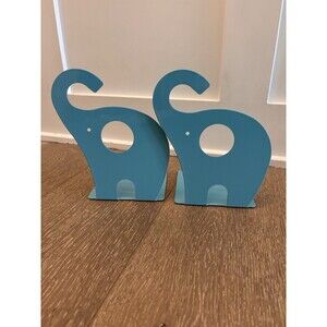 Kids Children’s Baby Elephant Bookends Wrought Iron Turquoise Blue Cyan Cute!